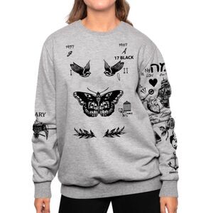 HARRY STYLES Tattoo Sweatshirt Fleece Pullover Gray Cotton Unisex Medium